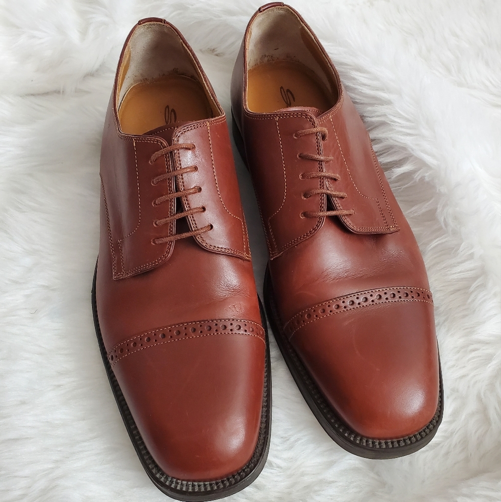 Santoni Brown Cap Toe Lace Up Leather Oxfords
